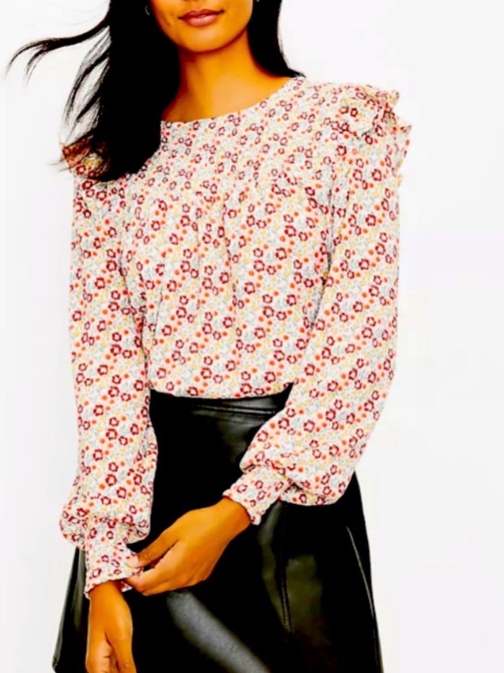 Loft Floral Smocked Ruffle Long-Sleeve Blouse Cream & Red Floral Small